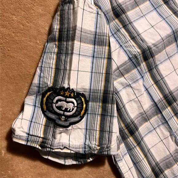 Ecko Grey Plaid‎ Button Down Embroidered Shirt Sz Large Y2K (AA2) - Picture 5 of 8